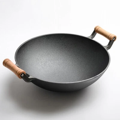 Pre-Seasoned Deep Wok Non Stick Cast Iron Chinese Stir Fry Frying Pan Cooking - Image 1 of 4