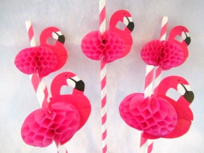12 Pcs Flamingo Hot Pink Honeycomb 3D Straws Pool Party Beach Drink Supplies NEW