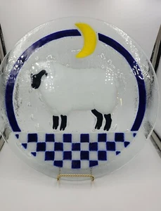 Peggy Karr Fused Glass Blue & White Checkerboard Sheep Ram Plate 13" Signed - Picture 1 of 7