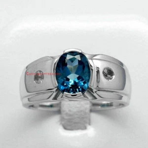Natural Blue topaz & CZ Gemstones With 925 Sterling Silver Ring For Men's #2221 - Picture 1 of 4