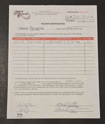 Dante Bichette 1993 contrato firmado - Colorado Rockies - PSA Foto 1 de 4