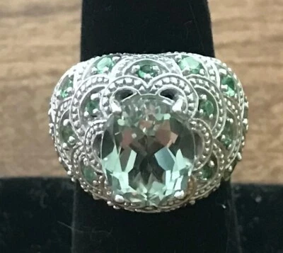 Sterling Silver Green Quartz & Tsavorite Gemstone Ring Size 6 - Image 1 of 2