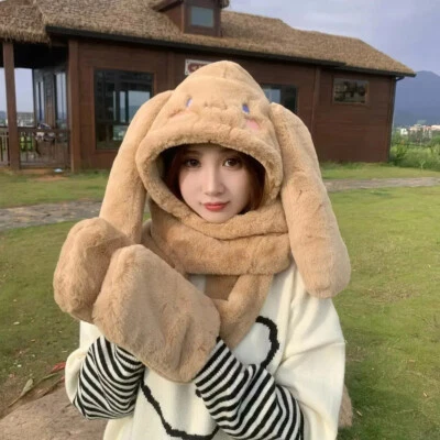 3 en 1 Cinnamoroll Invierno Cálido Felpa Sombrero Gorra Con Capucha Bufanda Guantes para Niñas Mujeres Foto 1 de 4