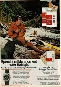 1974 Vintage Print Ad Raleigh Extra Milds Man Kayak Bulova Sea Hunter Watch - Picture 1 of 2