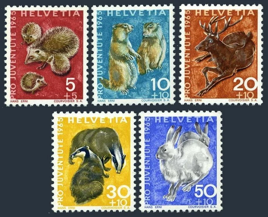 Switzerland B350-B354, MNH. Mi 826-830. Wild Animals 1965:Hedgehogs, Deer, Hare - Image 1 of 1