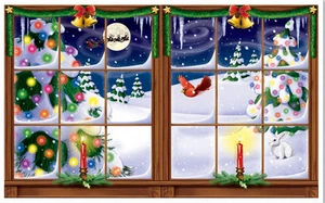 SNOWY WINDOW Scene Setter Vacaciones de Navidad fiesta del país de las maravillas de invierno pared de nieve - Imagen 1 de 1