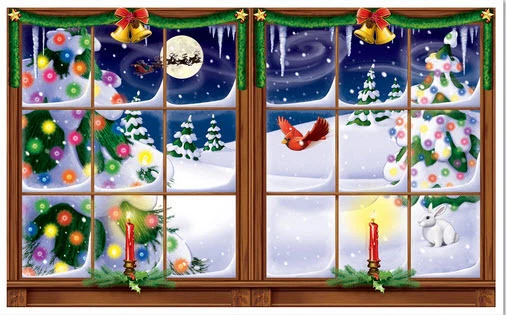 SNOWY WINDOW Scene Setter Christmas holiday winter wonderland party snow wall - Image 1 of 1