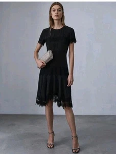 Reiss Kelis Lace Trim Short Sleeve Dress, Black - Size 10 - Picture 1 of 11