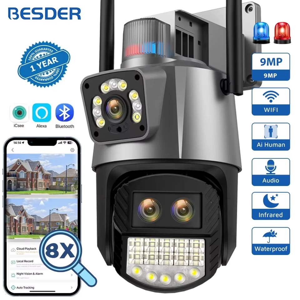 BESDER 9MP PTZ IP Camera Wifi 8X Digital Zoom Outdoor Dual Screens AI Auto Track - Image 1 of 4