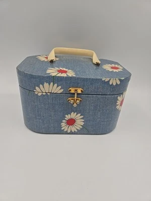 Vtg Decoupage Jewlery Box Purse Sewing Kit Blue Daisy Flowers W/ Handle Lined  - Image 1 of 4