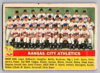 Tarjeta del equipo 1956 Topps #236 Kansas City A's con enos matanza y Lou Boudreau Foto 1 de 3