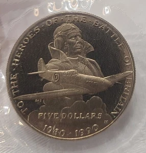 1990 Heros of Battle of Britain Marshall Islands $5 Dollar Coin - Picture 1 of 2