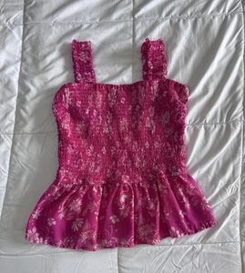 Japna Women’s Pink Floral Smocked Semi-Crop Top Size Medium Stretch EUC - Picture 1 of 6
