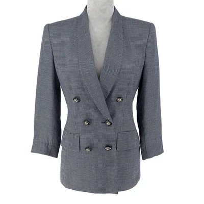 Kasper Jacket Petites 4P Navy Blue White Micro Plaid Double Breasted Vintage - Image 1 of 4