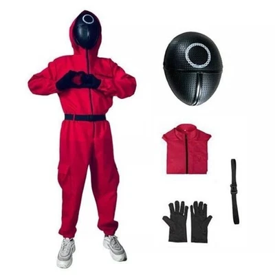Adult Kid Squid Red Jumpsuit Villain Uniform Mask Halloween Cosplay Costume Game