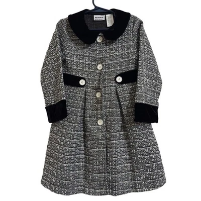 Blueberry Boulevard Girls Tweed Coat Black Velvet Trim Sparkle Buttons 5 - Image 1 of 4