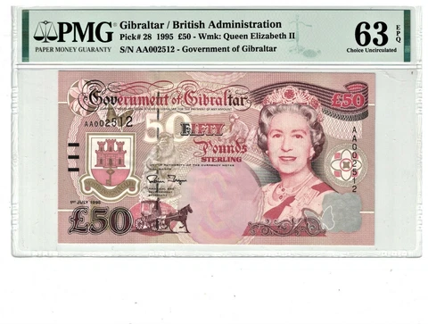 1995 GIBRALTAR 50 POUNDS  P28 PMG 63 Choice Unc EPQ PB2 Cover