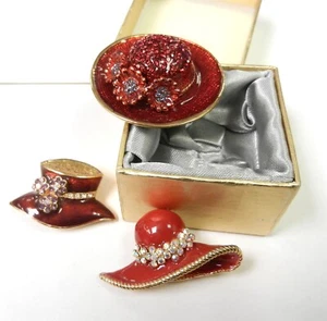 Enameled Gold Tone Red Hat Brooches and Trinket Box Rhinestones 3Pcs ~EC~ T213E - Picture 1 of 9
