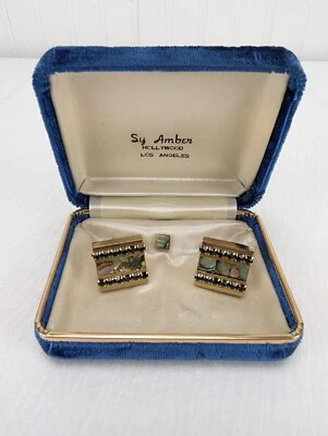 Vintage Paua Shell Cufflinks Set Blue Sapphire Stones Gold Tone Setting Sy Amber - Изображение 1 из 4