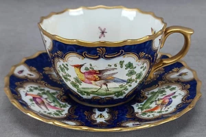 Antica tazza e piattino Copeland dipinti a mano Chelsea Birds cobalto e oro B - Foto 1 di 15