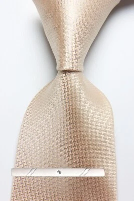 Nueva corbata clásica beige liso tejida jacquard 100 % seda para hombre Foto 1 de 4