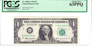 1963 $1 FRN PCGS 63PPQ TRUE 0/1 BINARY RADAR TRINARY BOOKEND Serial #G01011010A - Picture 1 of 2
