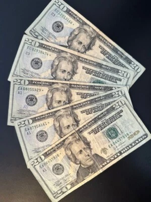 Star notes replacement $20 bills - lot of 5 circulated $20 stars - 2004-2017 - Image 1 of 2
