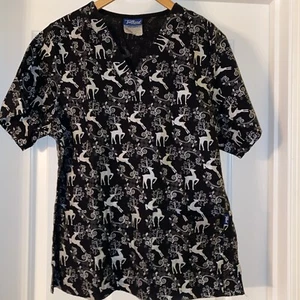 Tafford Women's Scrub Top Black V Neck Silver Reindeer Holiday Christmas Medium - Picture 1 of 6
