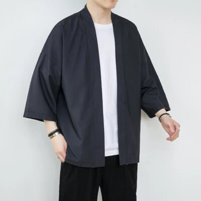 Men 3/4 Raglan Sleeve Open Front Kimono Casual Yukata Robe Summer Cardigan Tops - Image 1 of 4