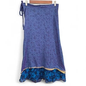 Bohemian Wrap Skirt Floral 2-Layer Blue Floral Gold Trim - Picture 1 of 6