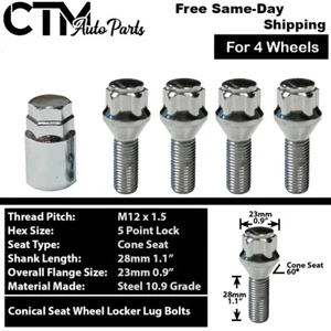 4x Chrome 12x1.5 Mercedes Wheel Lock Lug Bolts 28mm Shank Fit Aftermarket Wheels - Picture 1 of 6
