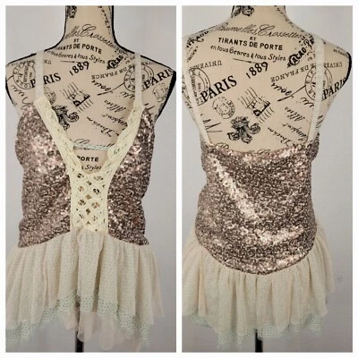 Gimmicks BKE Babydoll Tank Top Sz M Fairy Sequin Metallic Lace Ruffle Going Out - Image 1 of 4