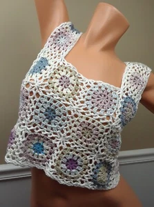 Crochet Granny Square Summer tank top Handmade Multi colors Boho Chic 100%Cotton - Picture 1 of 9
