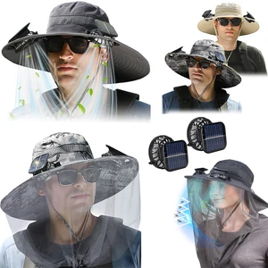 Wide Brim Fan Hat W/ Head Net Solar & USB Powered Camping Fishing Sun Protection - Picture 1 of 16