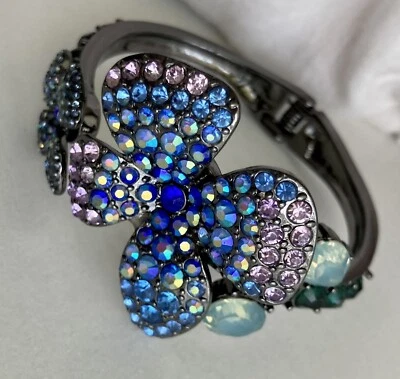 Betsey Johnson Flower Hinged Cuff Bangle Bracelet Rhinestone Multicolor Jewelry - Image 1 of 4