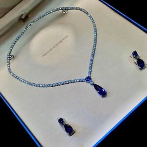 18k Platinum Plated Tennis Necklace Earrings made w Swarovski Crystal Blue Topaz