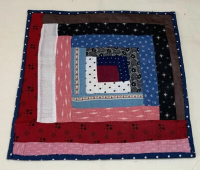 Vintage Patchwork Quilt Table Topper, Log Cabin, Floral Calicos, Dots, Blue - Image 1 of 4