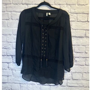 Cato schwarze Bluse Schnürung Plissee Bauern Oberteil Langarm Medium - Bild 1 von 7