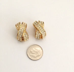 Vintage Signed Christian Dior Gold Tone X Crystal Rhinestone Clip On Earrings - Picture 1 of 8