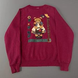 Vintage Homespun Kitty Cat Red Embroidered Crewneck Sweatshirt Medium - Picture 1 of 6