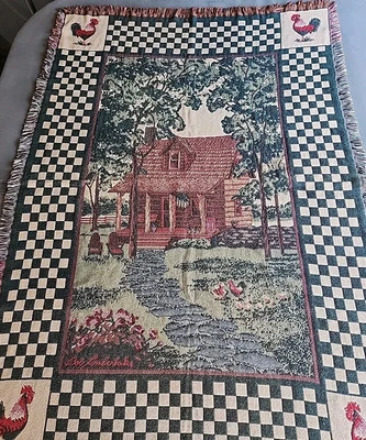 Country Cabin Tapestry Throw Bob Timberlake Fringe Roosters Checkered 50 X 70" - Image 1 of 4