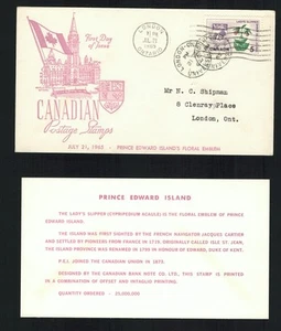 Canada #424 1965 5¢ PEI Floral Emblems Middlesex Stamp Circle cachet FDC+ insert - Foto 1 di 1