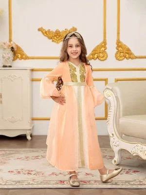 Bata larga caftán árabe para niña bordada fajas vestido manga linterna larga abaya Foto 1 de 4