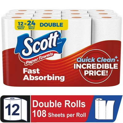 Scott Paper Towels, Choose-A-Sheet, 12 Double Rolls Orignal@