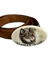 RAR! Tony Lama brauner Ledergürtel mit Alaskan Wolf Schnalle aus Knochen Größe 32 - Bild 1 von 16