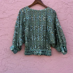 Vintage Sequined Blouse Top Sheer Green Sequin USA Size Small - Picture 1 of 6