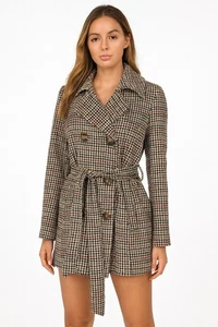 Riley & James Houndstooth Plaid Double Breasted Belted Coat Jacket Tan XL - Picture 1 of 11