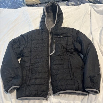 Jaqueta infantil Eddie Bauer com capuz reversível unissex tamanho médio 10/12 preta e cinza - Imagem 1 de 4