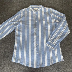 Camisa Onia Hombres Grande Lino Azul Rayas Manga Larga Cuello Banda Informal Ropa de Playa - Imagen 1 de 8