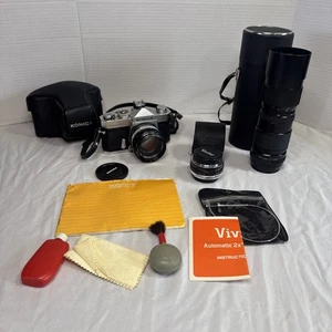 Konica Autoreflex T 35mm SLR Film Camera w/Hexanon AR 57mm F1.4 Lens w/ Extras - Picture 1 of 11